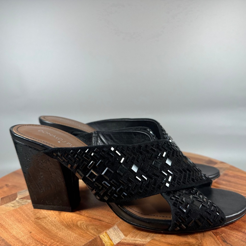 Donald J Pliner Womens Black Suede Embellished Block Heel Mules Sandals Size 8M‎